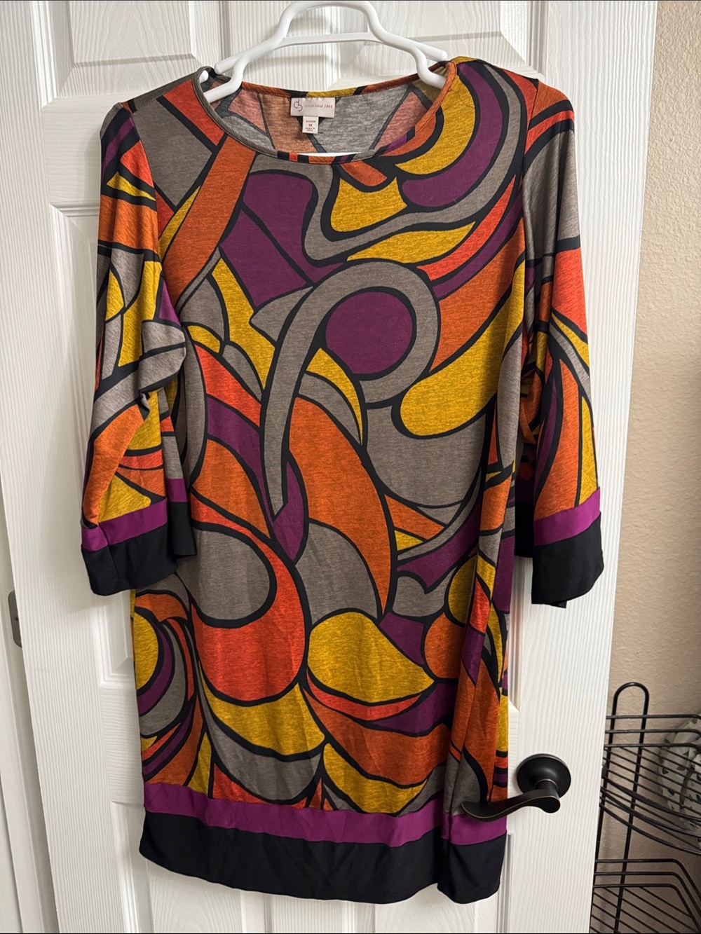 Long Sleeve Abstract Shift Dress in Orange, Yellow, Purple, Gray